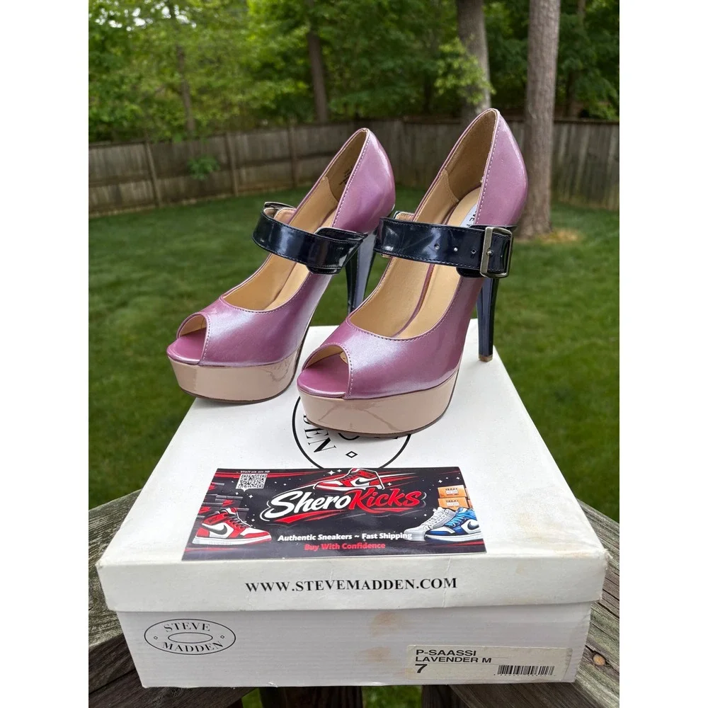 Steve Madden Saassi Lavender Metallic Peep Toe Platform Mary Jane Heels Navy 7
